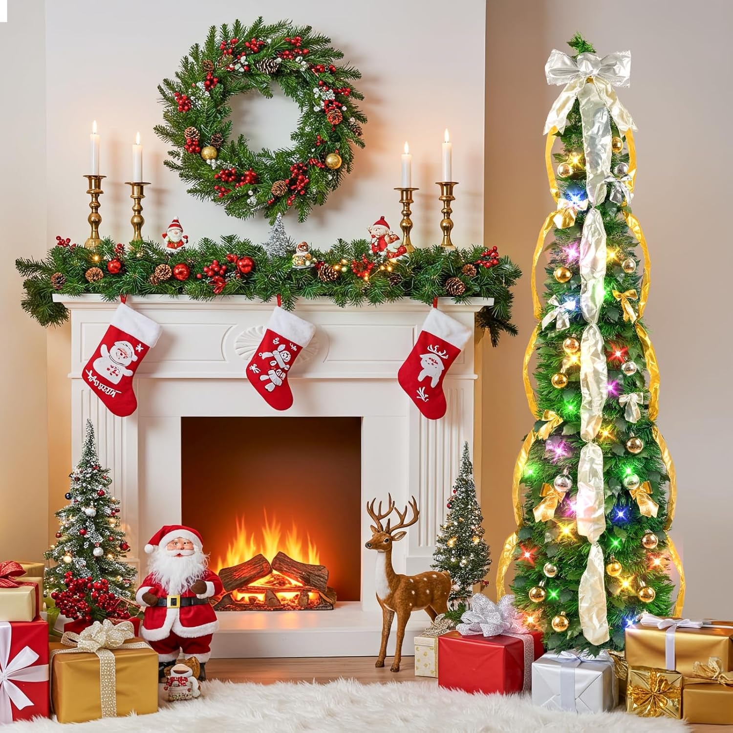 Pop up Christmas Tree Decorations Artificial Collapsible Tree with Lights 8Modes&Timer Predecorated Pencil Tinsel Tree for Home Apartment Office Indoor Outdoor Party Xmas Décor, 3FT, Green