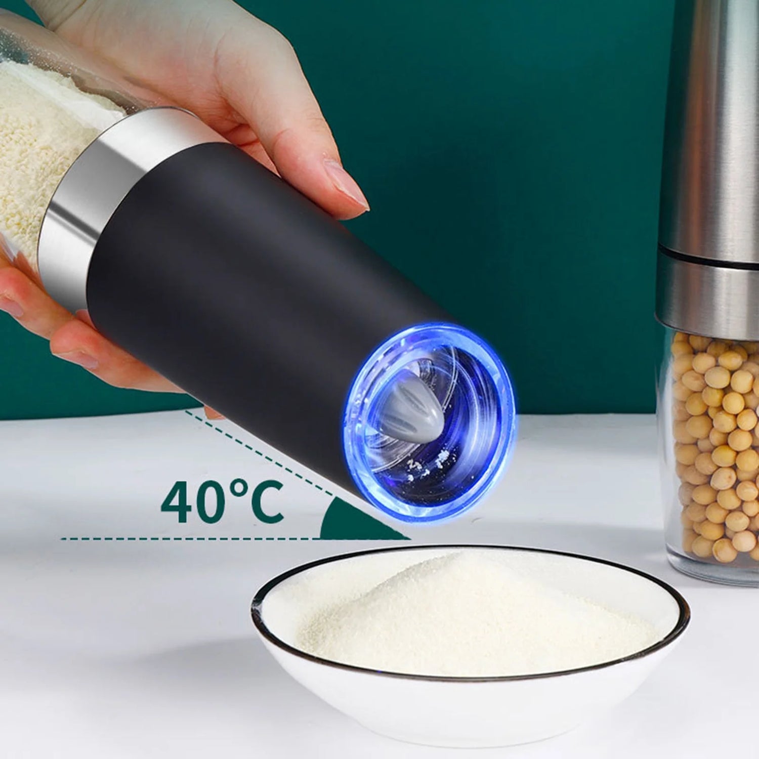 2 Pcs Electric Gravity Pepper and Salt Grinder Set, LED Light, Adjustable Coarseness, Battery Operated, Stainless Steel Black