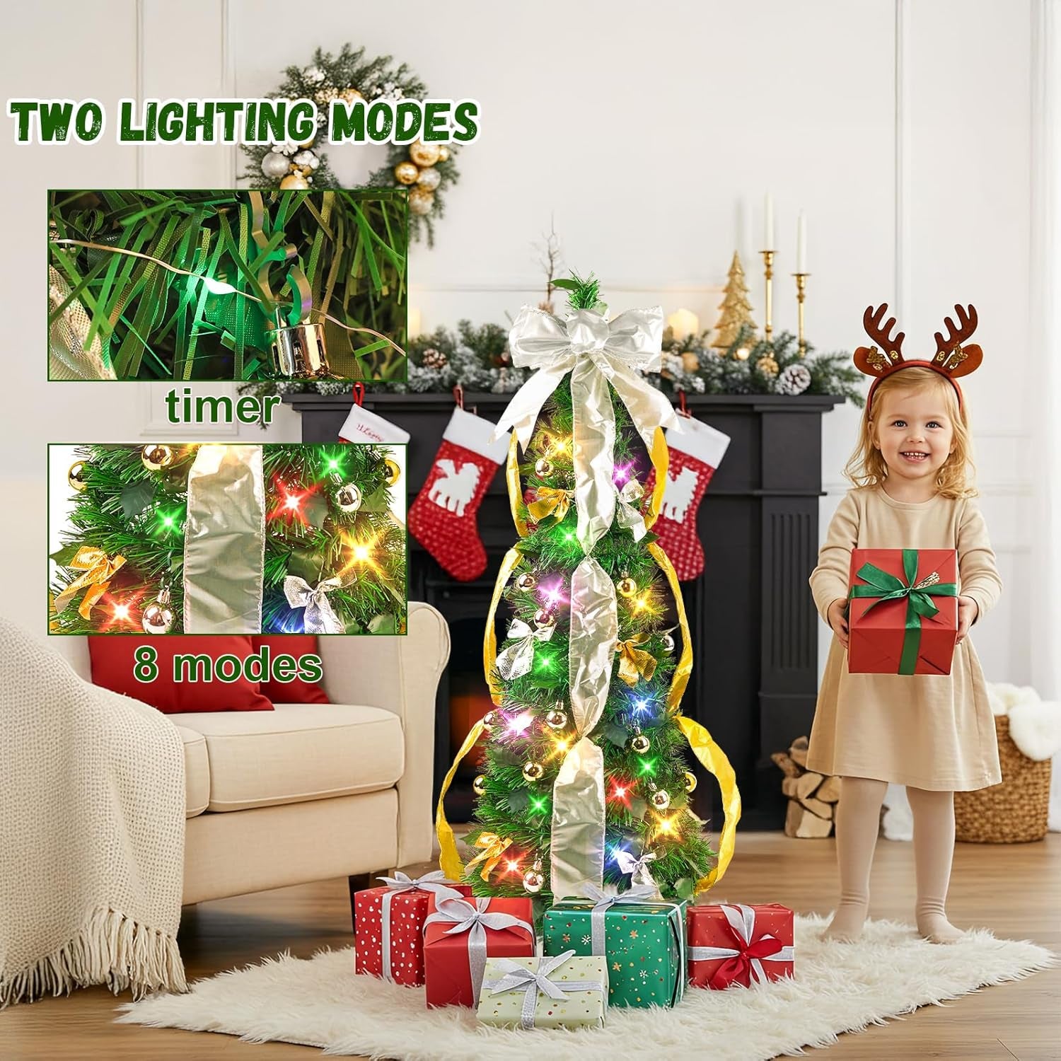 Pop up Christmas Tree Decorations Artificial Collapsible Tree with Lights 8Modes&Timer Predecorated Pencil Tinsel Tree for Home Apartment Office Indoor Outdoor Party Xmas Décor, 3FT, Green