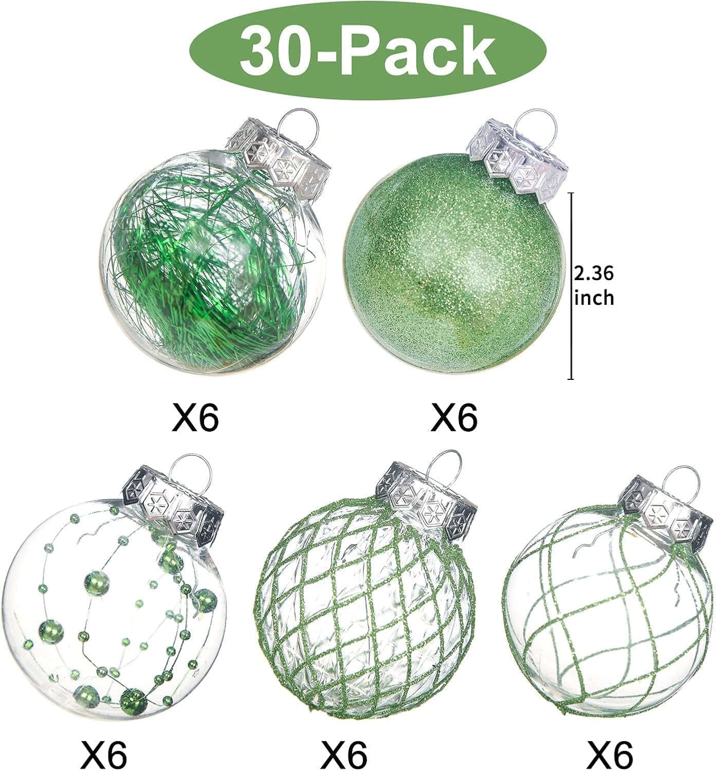 Clear Christmas Ball Ornaments, 30Ct Shatterproof Xmas Ball Decorations 2.36 Inch Green Christmas Decorations for Xmas Tree Hanging Decorative Pet Baubles Set for Christmas Party