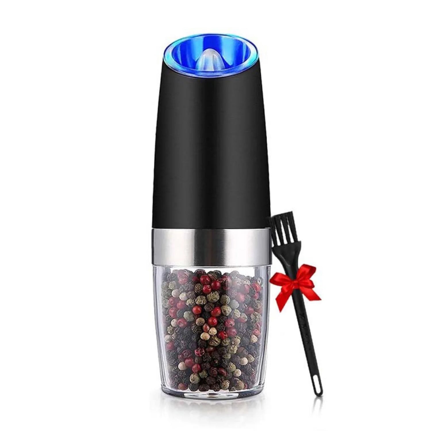 2 Pcs Electric Gravity Pepper and Salt Grinder Set, LED Light, Adjustable Coarseness, Battery Operated, Stainless Steel Black