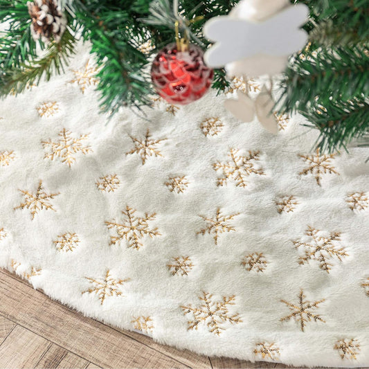 Plush Christmas Tree Skirts, 30 Inches Luxury Snowy White Faux Fur Xmas Tree Base Cover Mat with Gold Snowflakes for Xmas New Year Home Party Decorations (30 Inches, Gold)