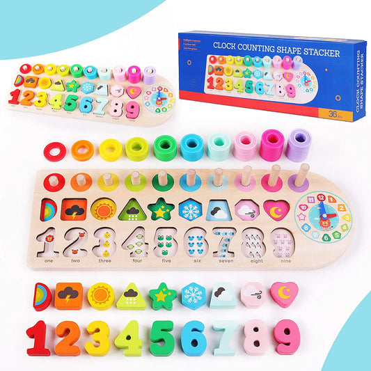 Preschool Educational Learning Montessori Toys for Kids, Toddler Puzzles Number Shape Sorter Counting Stacker with Clock Weather, Boys Girls Activities Math Game Gift for Age 3 4 5 Years