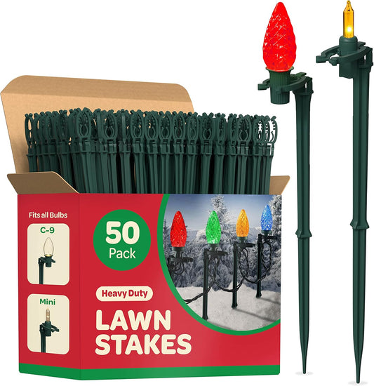 Christmas Light Yard Stakes [Set of 50] Outdoor Light Stakes - 8.5" Tall - Universal Christmas Pathway Lights on Yards, Driveways - Christmas Yard Stakes - USA Made