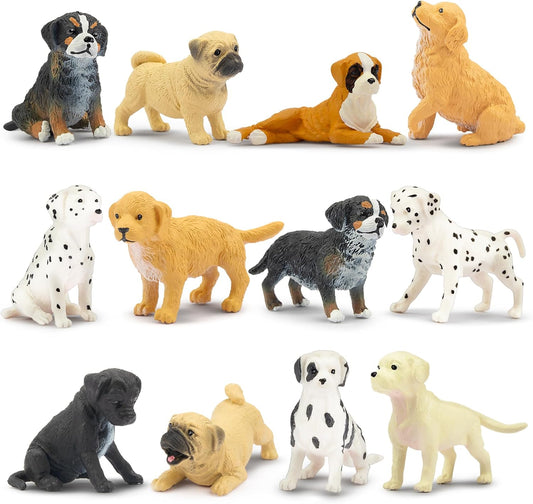 12PCS Mini Dog Figurines Playset, Realistic Detailed Plastic Puppy Figures, Hand Painted Emulational Tiny Dogs Animals Toy Set, Cake Toppers Christmas Birthday Gift for Kids Toddlers