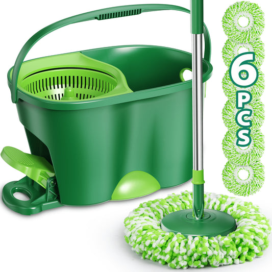 Spin Mop and Bucket System with Wringer Set for Floors Cleaning, 6 Refill Mop Pads