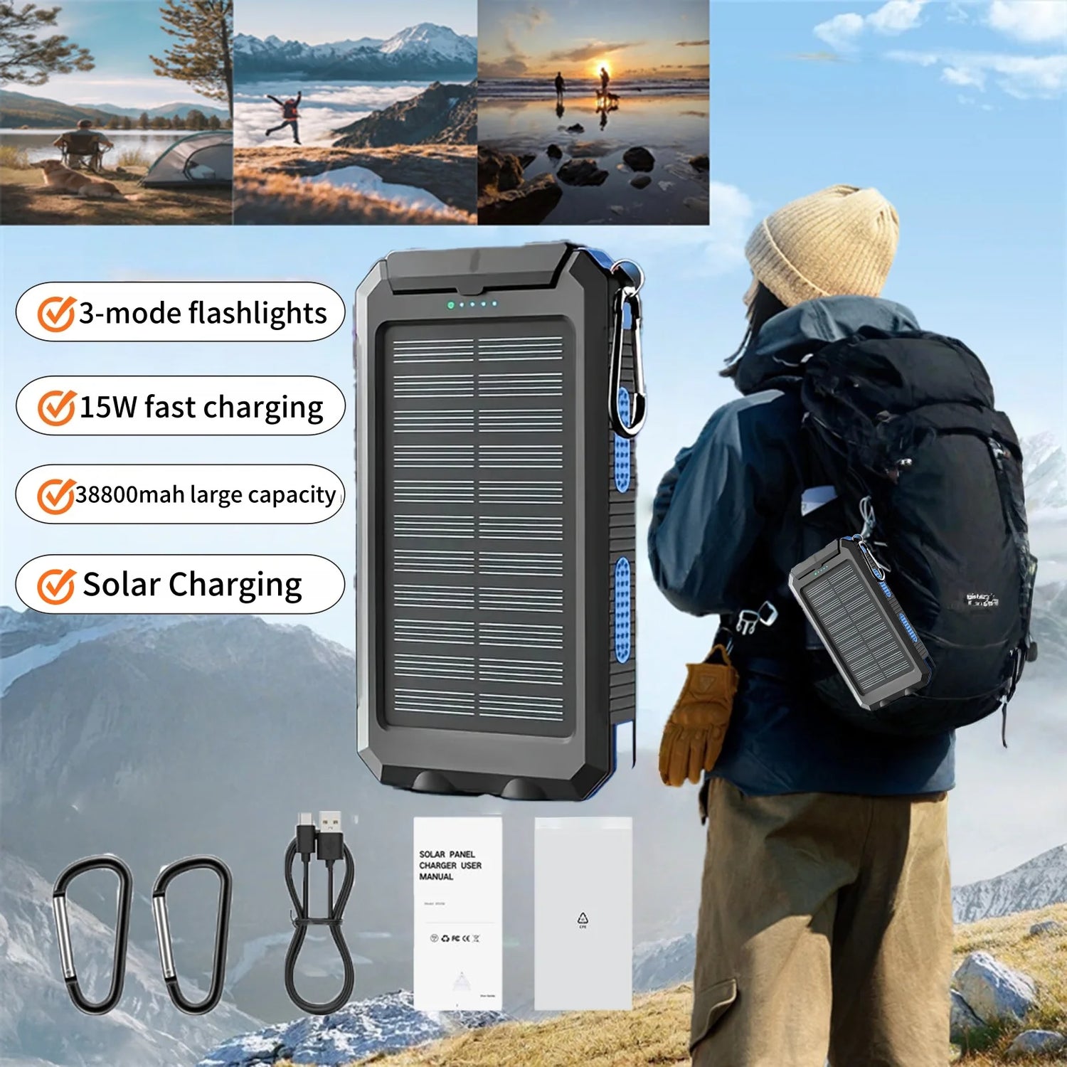 38800Mah Solar Power Bank Waterproof Outdoor Dual USB Travel Outdoor Solar Mobile Phone Charger Solar Powerbanks for Camping