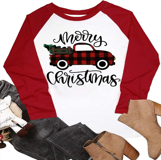 Christmas Shirts for Women Christmas Long Sleeve Raglan Shirt Christmas Plaid Truck Tree Graphic Splicing Top Red