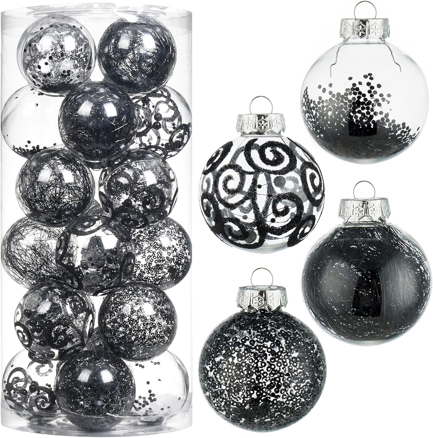 Christmas Ball Ornaments Shatterproof Clear Large Plastic Hanging Ball Decorative Baubles Set with Stuffed Delicate Decorations (70Mm/2.76", Black)