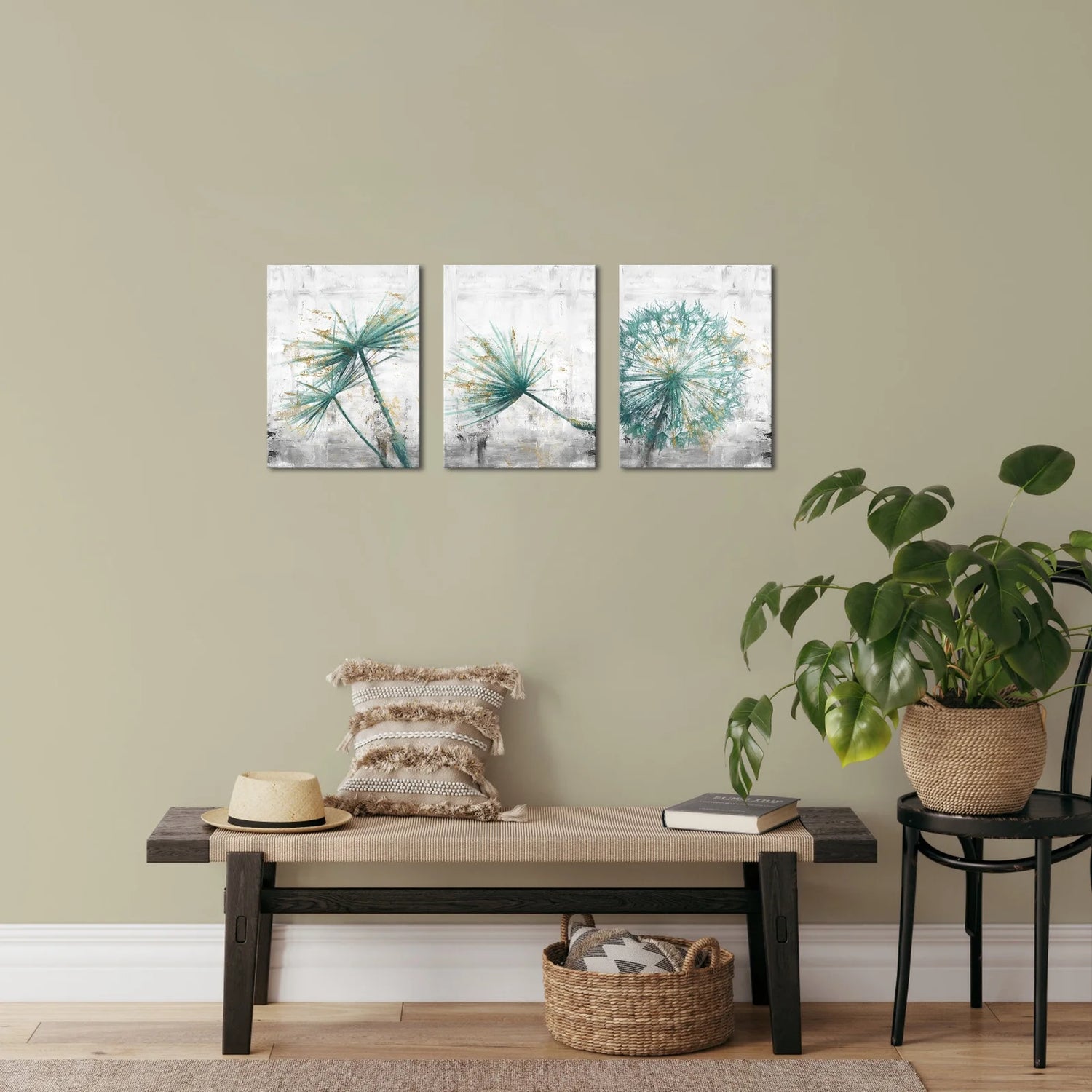 3 Pieces 12X16 Inch Framed Canvas Wall Art Clearance Kit Teal Dandelion on Rustic Grey Print 3 Picture Picture Canvas Poster Home Artwork Painting Decoration for Living Room Bedroom