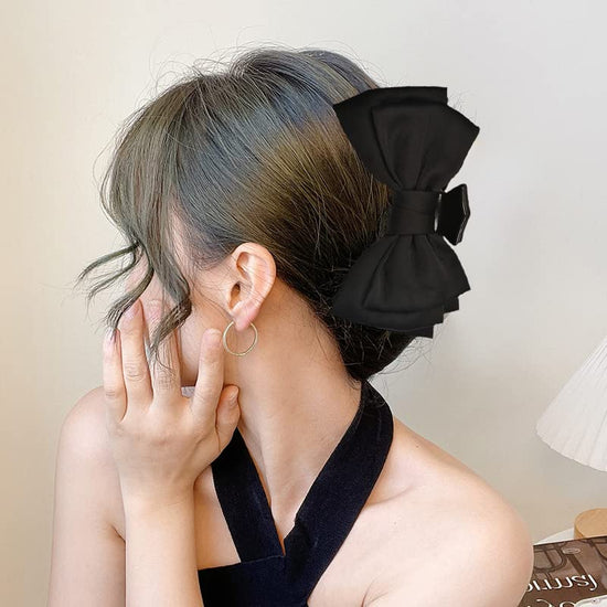Large Satin Bow Claw Clips Black for Women - Big Clips for Thick Long Hair, Bowknot Accessories, Non-Slip Jaw Clamps for Girls Styling