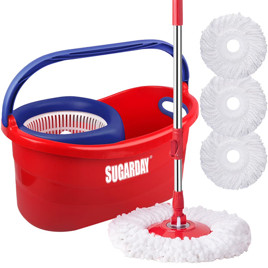 Spin Mop and Bucket System with Wringer Set for Floors with 3 Microfiber Mop Heads, Red