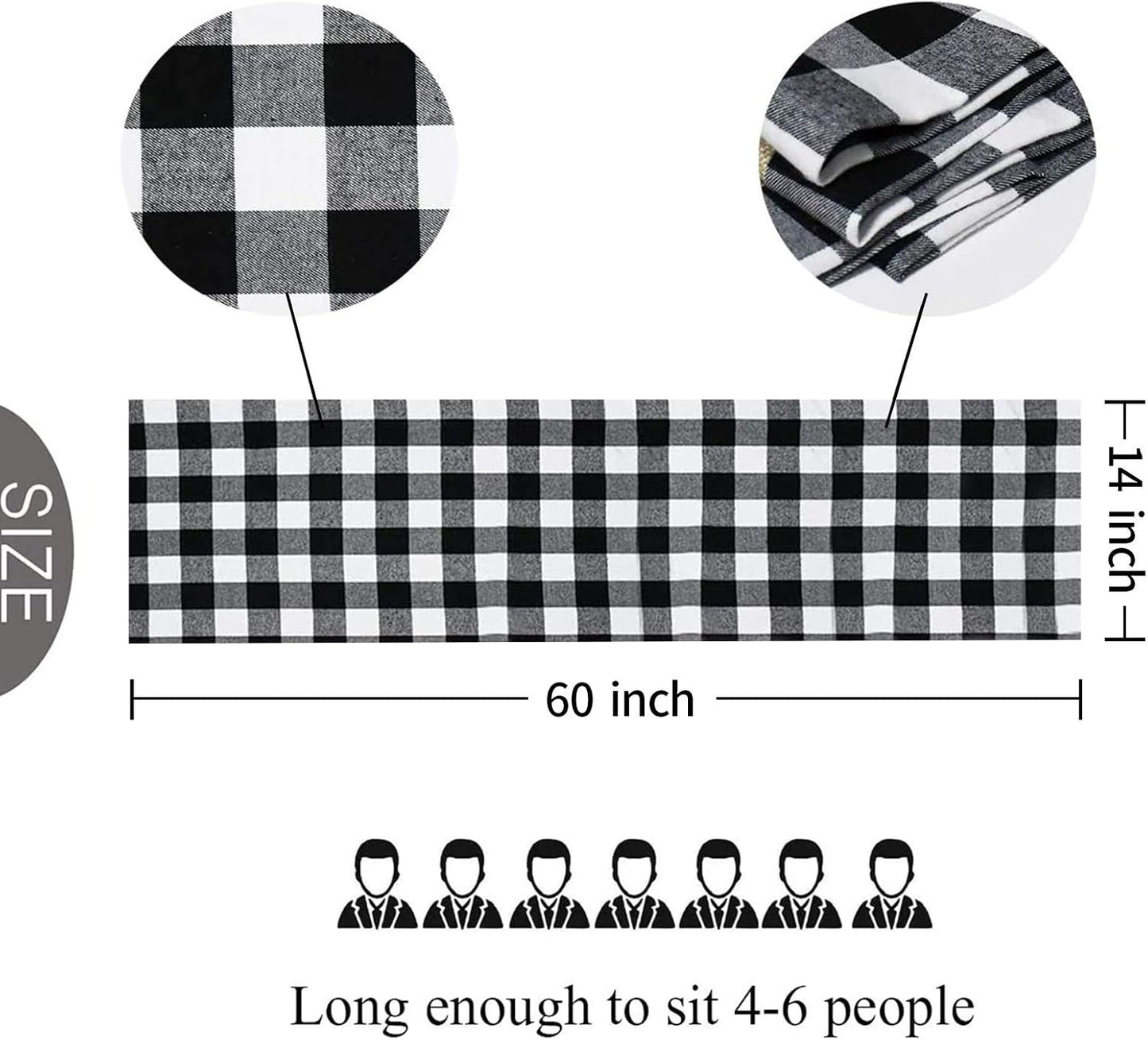 Buffalo Check Table Runner Cotton Black and White Plaid Classic Stylish Design for Family Dinner Christmas Holiday Birthday Party Table Home Decoration (Black and White, 14 X 60 Inch)
