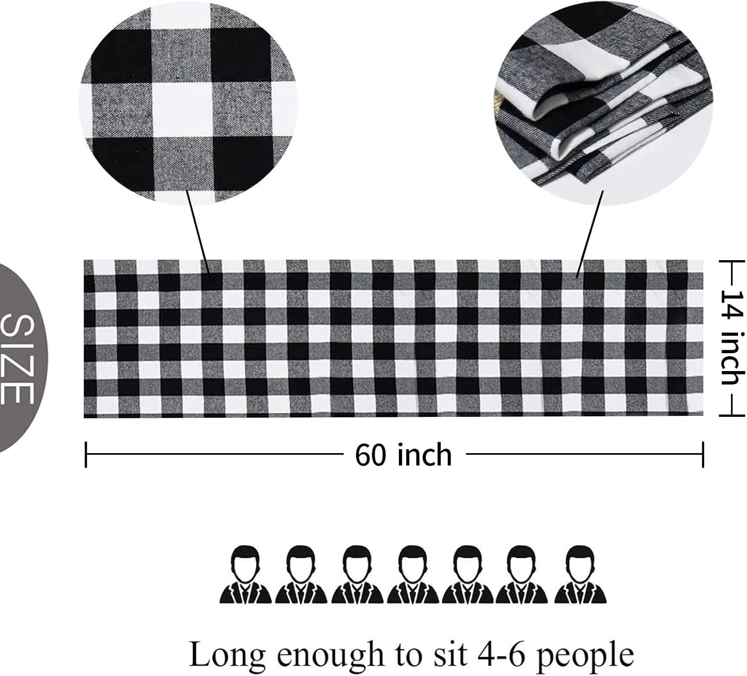 Buffalo Check Table Runner Cotton Black and White Plaid Classic Stylish Design for Family Dinner Christmas Holiday Birthday Party Table Home Decoration (Black and White, 14 X 60 Inch)
