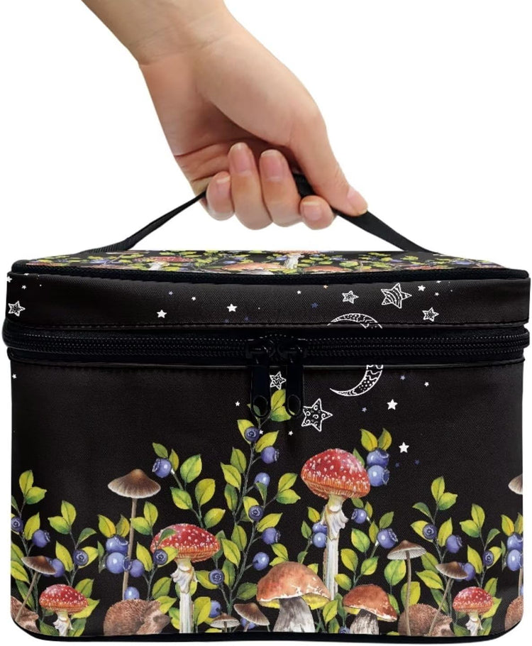 Mushroom Blueberry Portable Makeup Bag Makeup Organizer Large Capacity Travel Cosmetic Bag for Women and Girls