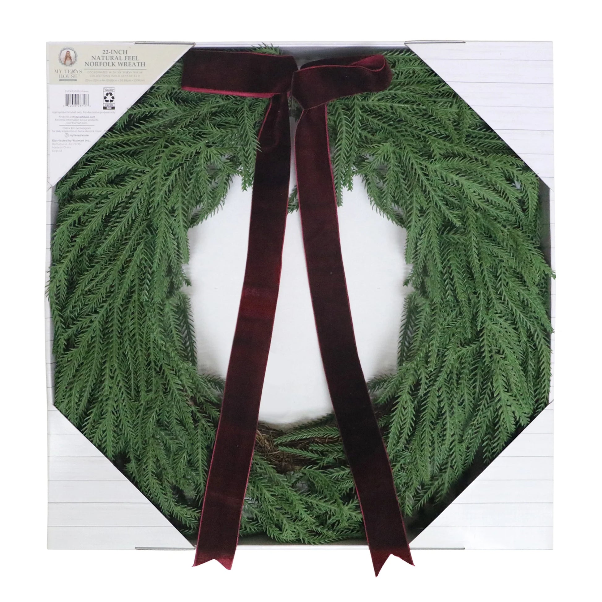 Evergreen Natural Feel Norfolk Artificial Christmas Wreath, Green, 22", by