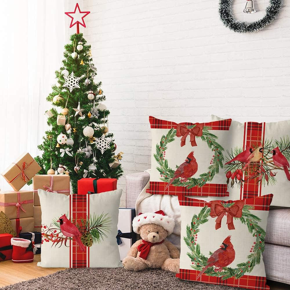 Christmas Pillow Covers Set of 4 Christmas Cardinal Red Buffalo Check Farmhouse Throw Pillowcase Party Decorations Winter Home Decor Case for Sofa Couch