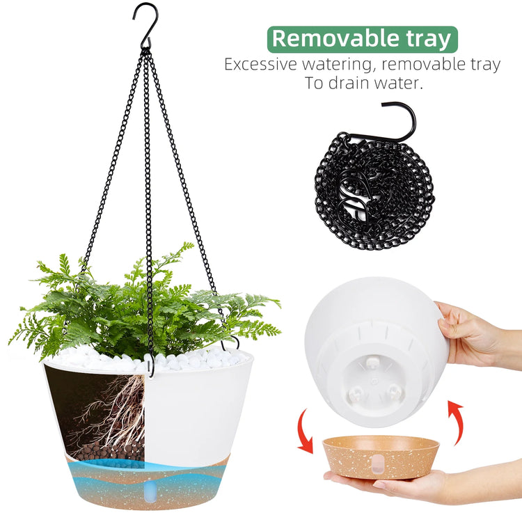 2 Pack 8 Inch Plastic White Hanging Planters with 3 Hooks, Hanging Plant Pot Basket with Drainage Hole for Garden Home