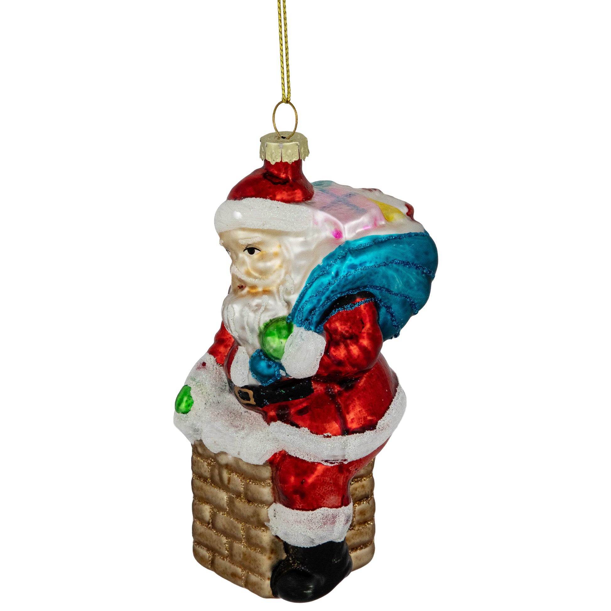 Santa down the Chimney Hanging Glass Christmas Hanging Ornament - 4.75" - Red
