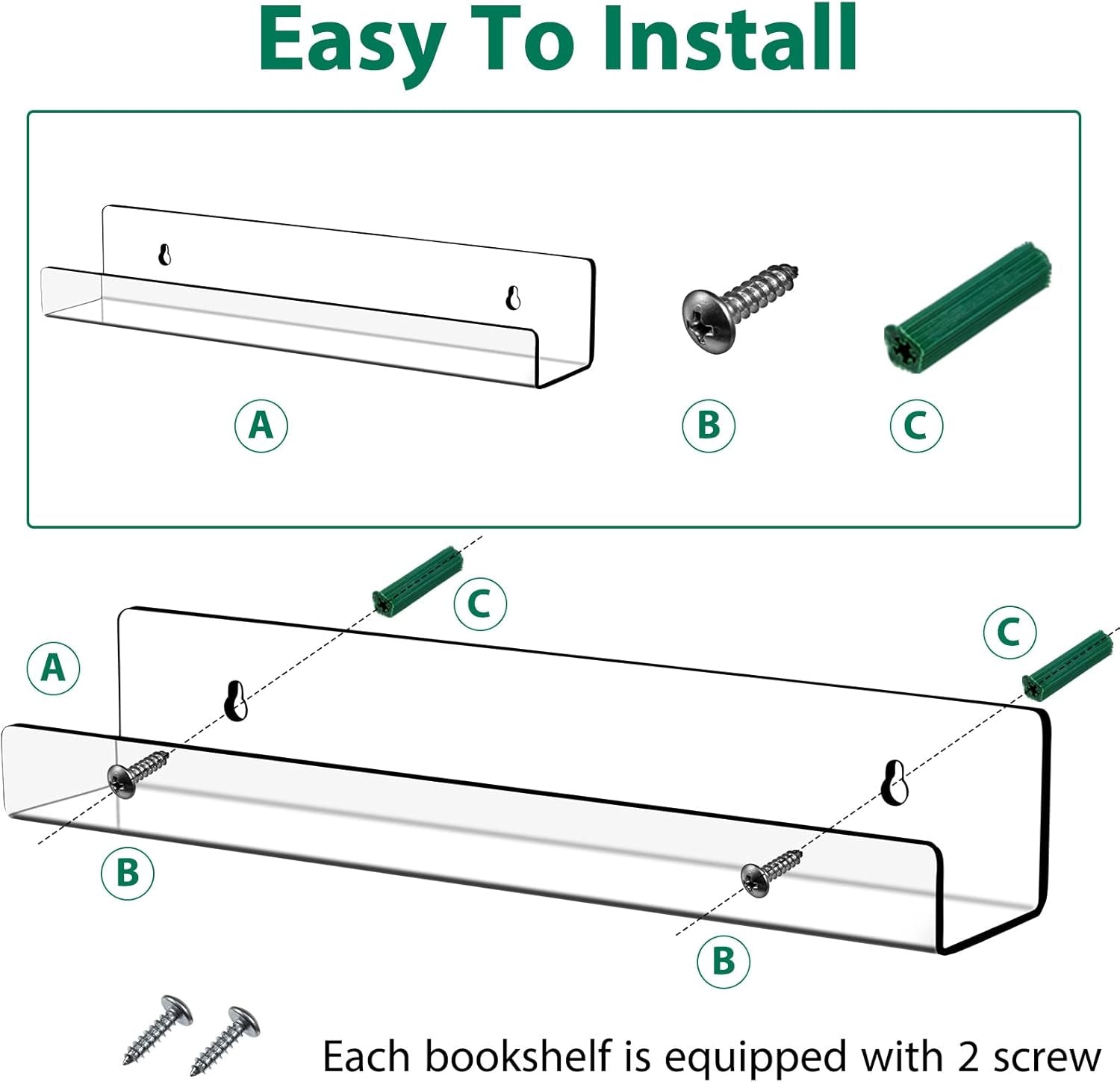 4 Packs 14 Inch Acrylic Floating Bookshelf, Wall Mounted Shelf, Ledge Book Shelf for Living Room, Office, Bedroom, Bathroom, Kitchen