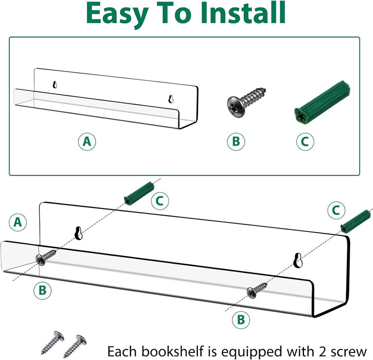4 Packs 14 Inch Acrylic Floating Bookshelf, Wall Mounted Shelf, Ledge Book Shelf for Living Room, Office, Bedroom, Bathroom, Kitchen