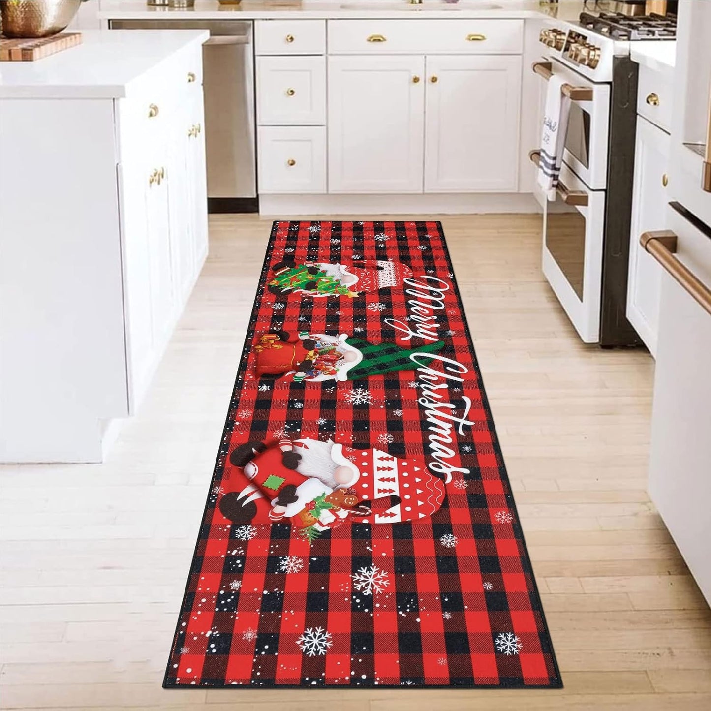 Christmas Gnome Hallway Runner Rug 2X6 Non Slip Washable Kitchen Area Rug Farmhouse Red Buffalo Plaid Door Mat Entryway Rug Carpet Runner for Laundry Room Bedroom Christmas Decorations