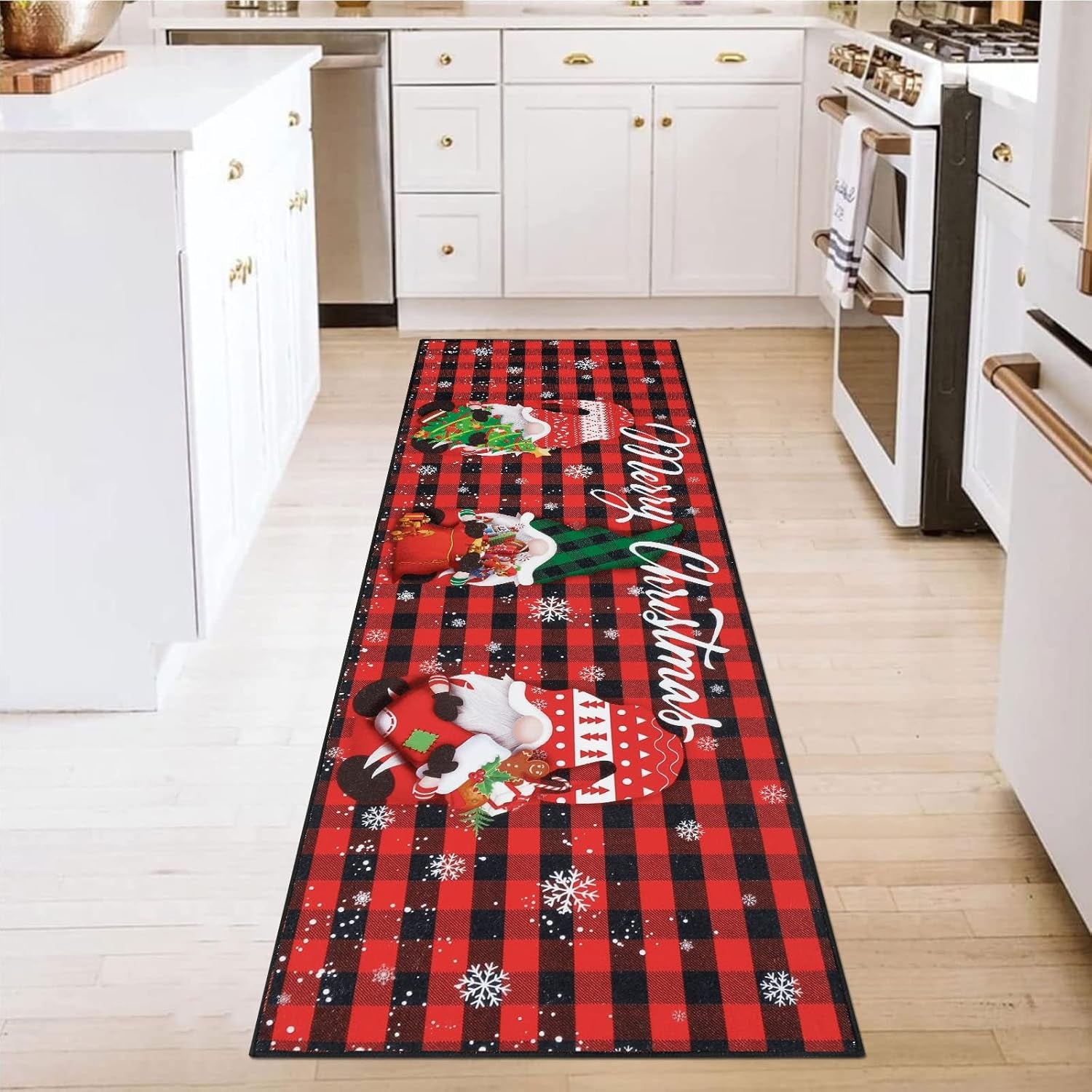 Christmas Gnome Hallway Runner Rug 2X6 Non Slip Washable Kitchen Area Rug Farmhouse Red Buffalo Plaid Door Mat Entryway Rug Carpet Runner for Laundry Room Bedroom Christmas Decorations
