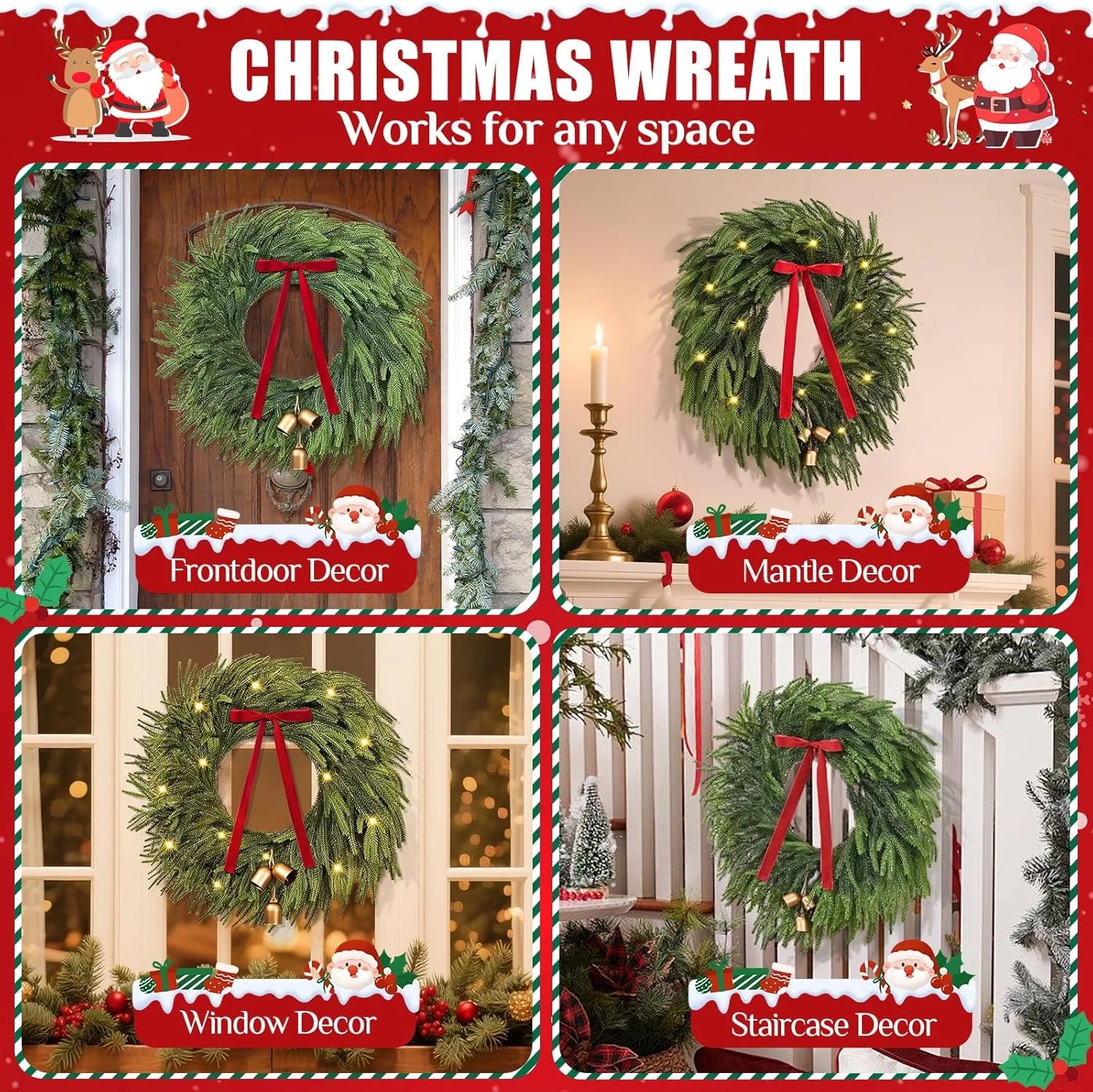 Norfolk Christmas Wreath with Lights,24 Inch Pre-Lit Artificial Holiday Wreath with Bow & Bells, Battery Operated, Front Door Christmas Decorations Indoor Outdoor