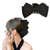 Large Satin Bow Claw Clips Black for Women - Big Clips for Thick Long Hair, Bowknot Accessories, Non-Slip Jaw Clamps for Girls Styling