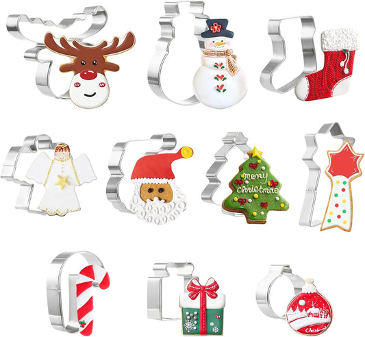 10 Pieces Christmas Cookie Cutter Set - Snowflake,Santa Claus, Gingerbread Holiday Cookie Cutters for Xmas Winter Holiday Party