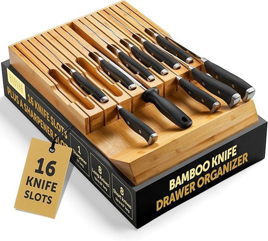 Bamboo Knife Drawer Organizer 16-Slot + Sharpener Slot | Eco-Friendly Holder